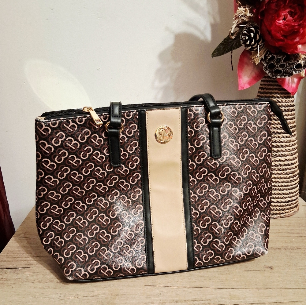 Stylish Brown and Tan Satchel Man Made Material - Picture 6 of 10